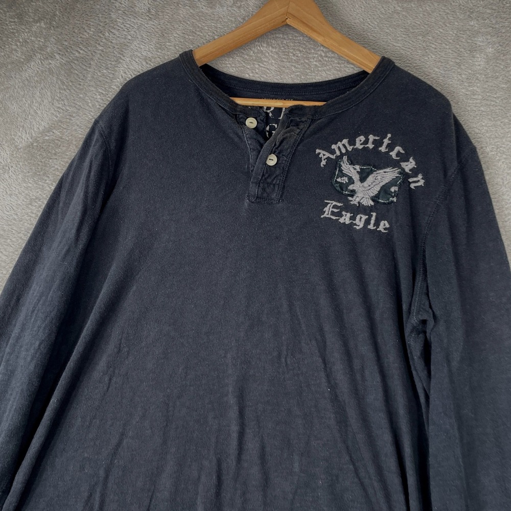 American Eagle Henley Shirt Mens Large Black Vintage Y2K Long Sleeve Embroidered
